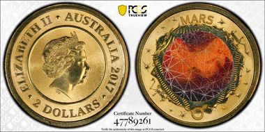 2017 $2 Planetary Coins Mars Colorized MS70