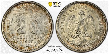 1907-M 20C Curved 7 KM-435  Ag AU58