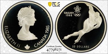 1985 $20 Speed Skating Plain Edge PR68DCAM