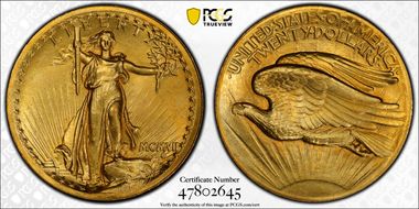 1907 $20 High Relief, Wire Edge MS63