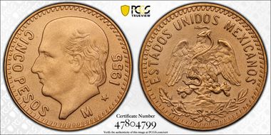 1955-M 5 Peso New Die Restrike MS70