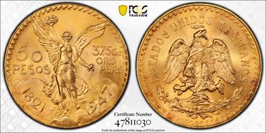 1947 50 Peso KM-481  Au MS67