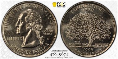 1999-D 25C Connecticut MS65