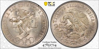 1968-Mo 25 Peso Olympic KM-479.1 Rings Align, Straight Tongue N1