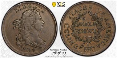 1804 1/2C Plain 4, No Stems AU55BN