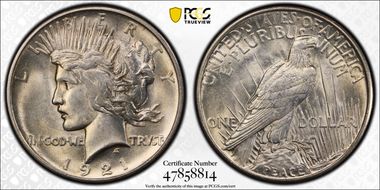 1921 $1 High Relief, Peace AU58