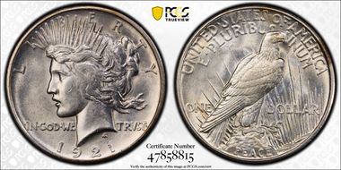 1921 $1 High Relief, Peace AU55