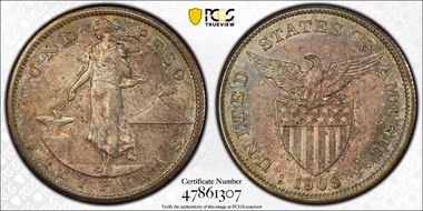 1909-S Peso KM-172  Ag AU58
