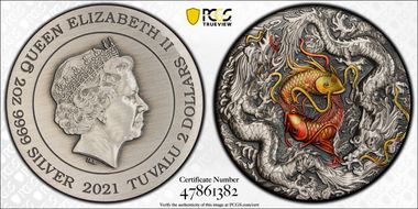 2021 $2 Dbl Dragon & Yin Yang Koi Antique Finish MS70