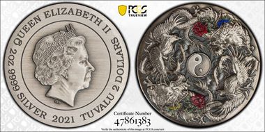 2021 $2 Dbl Dragon & Dbl Phoenix Antique Finish MS70