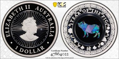 2019-P $1 Year of the Pig Opal Ag PR68DCAM