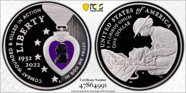 2022-W $1 National Purple Heart Hall of Honor Colorized First Strike PR69DCAM