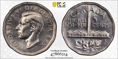 1951 5C Nickel Bicentennial MS65