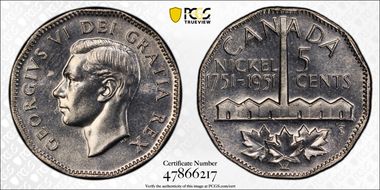 1951 5C Nickel Bicentennial MS65
