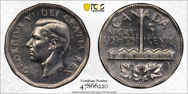 1951 5C Nickel Bicentennial MS65