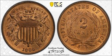 1864 2C Small Motto MS66RD