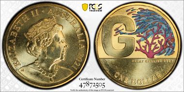 2021 $1 G- Great Barrier Reef Colorized Great Aussie Coin Hunt MS67