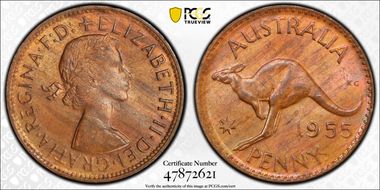 1955 Y. (p) 1D Melbourne obverse MS63RB