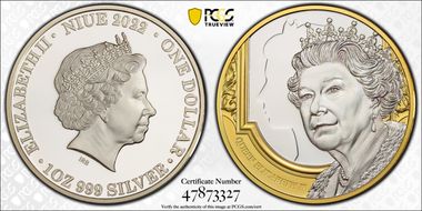 2022 $1 Queen Elizabeth II Selective Gilt Ag PR70DCAM