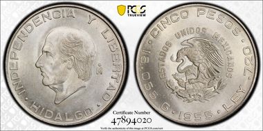1955-Mo 5 Peso KM-469  Ag MS66