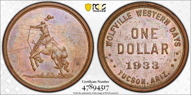 1933 SC$1 HK-689 Copper Wolfville Western Days AU58BN