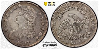 1828 50C Square Base 2, Large 8s VF35