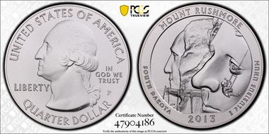 2013-P 25C Mount Rushmore NP 5 oz Silver SP69