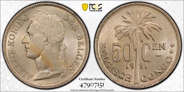 1921 50C BELGISCH CONGO MS64