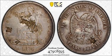 1874 T$1 Chopmarked XF40