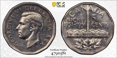 1951 5C Nickel Bicentennial MS63