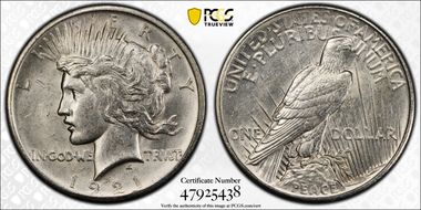 1921 $1 High Relief, Peace AU58