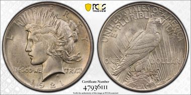 1921 $1 High Relief, Peace MS61