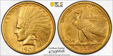 1908-D $10 No Motto AU58