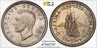 1952 5 Shil 300th Ann. of Capetown KM-41  Ag PR66