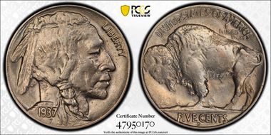 1937-D 5C 3 Legs AU58