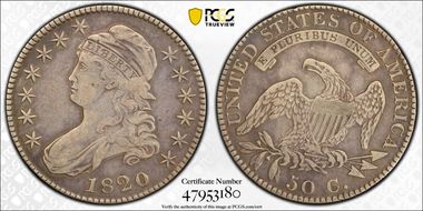 1820 50C Sq. 2, Lg Date, No Knob VF25