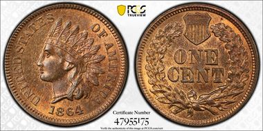 1864 1C L on Ribbon MS64+ RB