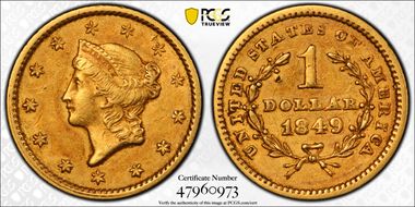 1849 G$1 D-5, Closed Wreath, Close Stars XF45