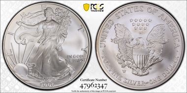 2006-W $1 Burnished Silver Eagle 20th Anniversary SP69