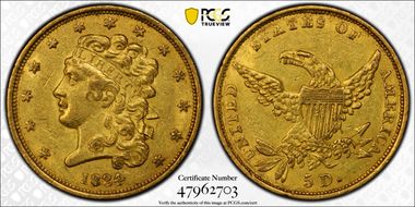 1834 $5 Classic Head, Plain 4 AU58