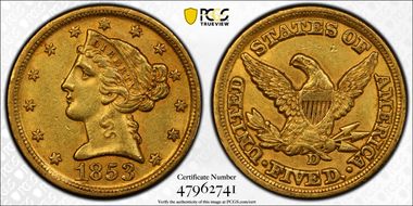 1853-D $5 Large D AU55