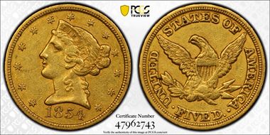 1854-C $5 Weak C XF45