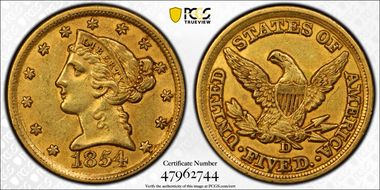 1854-D $5 Large D AU53