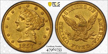 1857 $5 AU58+