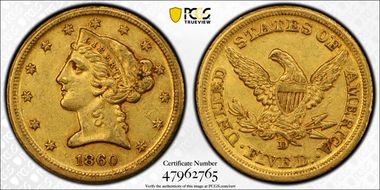 1860-D $5 Medium D AU53