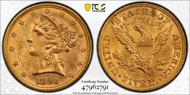1891 $5 MS64