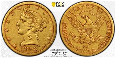 1892-CC $5 XF40