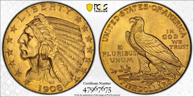 1908 $5 Indian MS65+