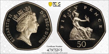 1986 50p S-H4 PR69DCAM