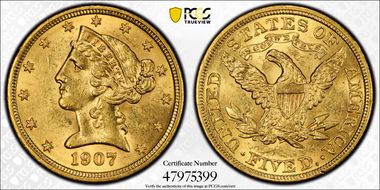 1907 $5 MS62